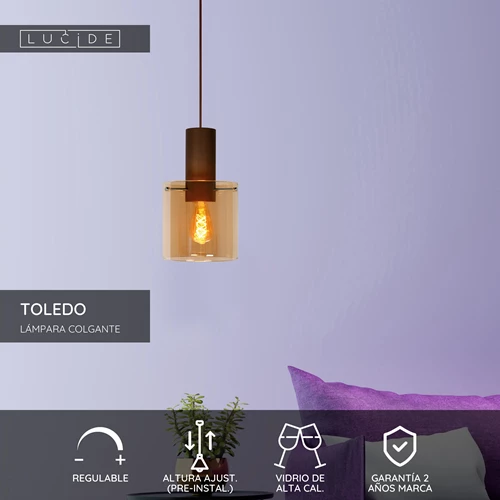 Lucide TOLEDO - Lámpara colgante - Ø 20 cm - 1xE27 - Ámbar - USP